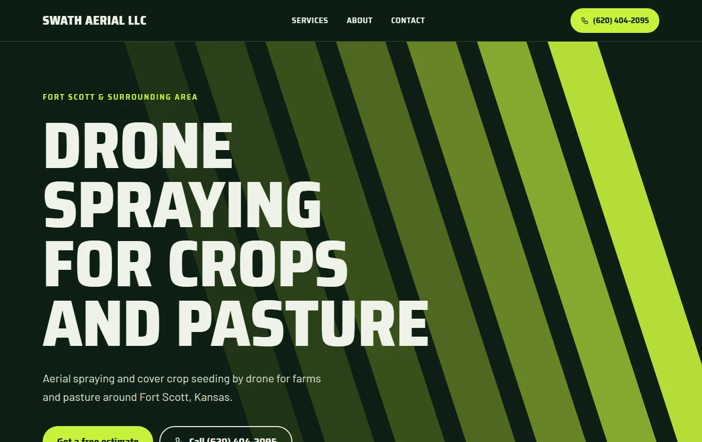 The Swath Aerial home page: a dark green page with lime stripes and a huge headline reading Drone spraying for crops and pasture